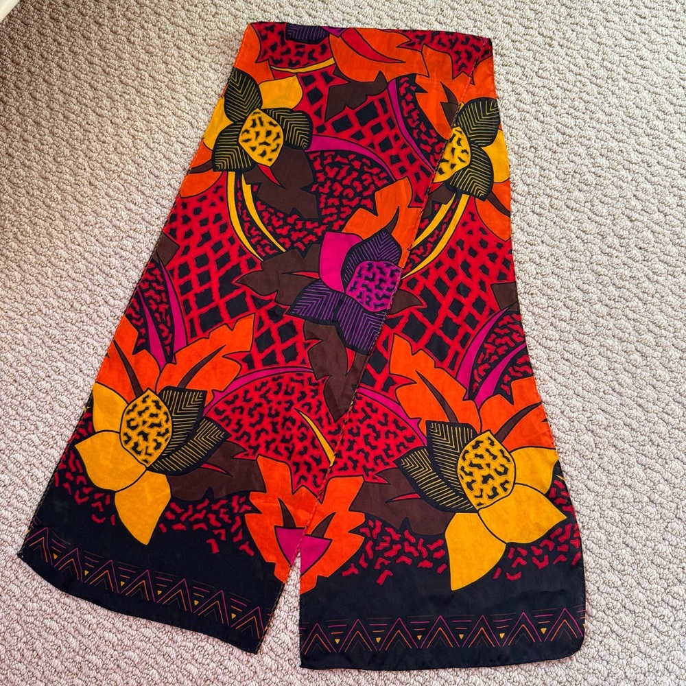 Vintage Tomato Red Black Bright Yellow Silk Oblong Scarf Hawaiian Floral Print - Picture 6 of 9